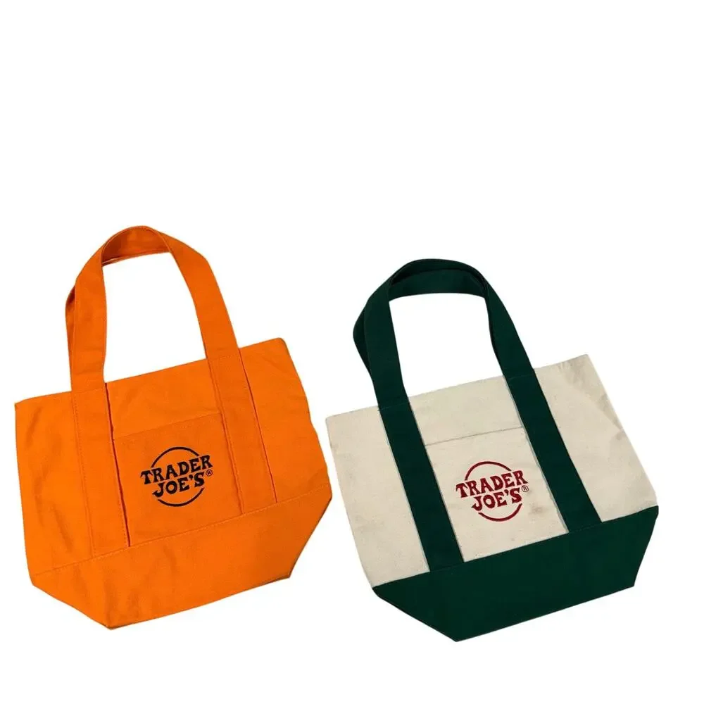 Lot of 2 Small Trader Joe’s Totes Embroidered Orange Green